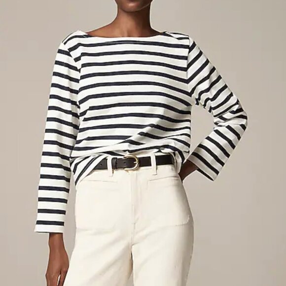 JCREW Classic Mariner Cloth Boatneck T-shirt in Stripe Ivory Navy Sz L - NWT!! - Picture 1 of 5